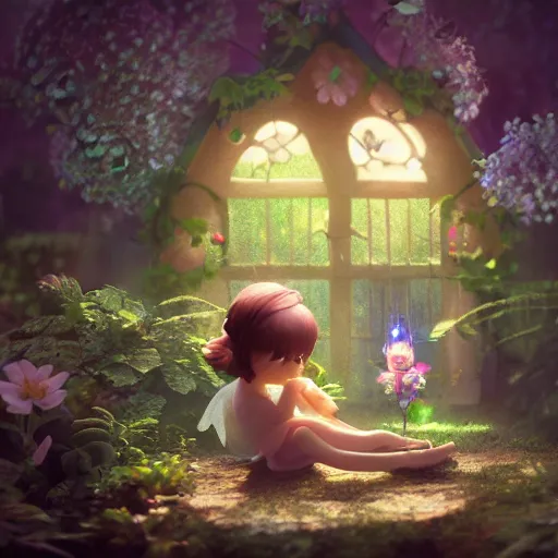 Prompt: a tiny cute fairy in a flower house, beautiful face, large eyes, cute, adorable, volumetric light, octane render, studio ghibli, trending on artstation