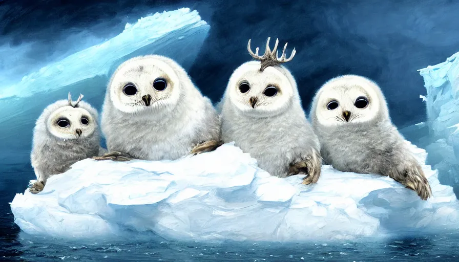 Prompt: highly detailed painting of cute furry white baby seal owls with big furry antlers cuddling into each other on a blue and white iceberg by william turner, by greg rutkowski, by william constable, thick brush strokes and visible paint layers, 4 k resolution