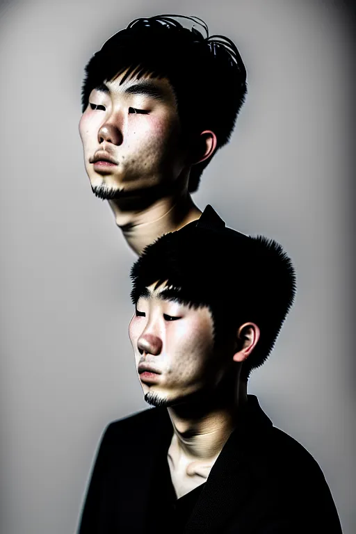 Image similar to photography masterpiece by haruto hoshi and yang seung woo, flash photography portrait of young japanese man smoking, shot on a canon 5 d mark iii with a 3 5 mm lens aperture f / 5. 6, full frame, full res, film grain, dynamic composition, high camera angle, hyper realistic