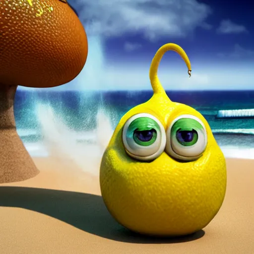 Image similar to 3 d octane render, of an anthropomorphic lemon character looks like monster from the movie وmonsters inc, with lemon skin texture, he is wearing a hat, building a sandcastle on the beach at sunset, beach, huge waves, sun, clouds, long violet and green trees, rim light, cinematic photography, professional, sand, sandcastle, volumetric lightening