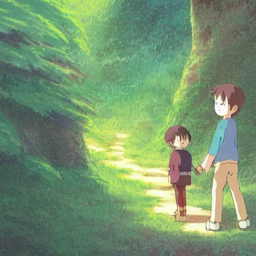 Image similar to friendly guy and small creature in the studio ghibli movie art smooth 8k highly detailed, detailed face, beautiful scene, forest, fantasy, details, anime,