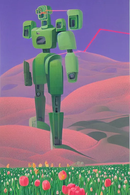 Image similar to giant mecha robot with laser, blooming hills with spring flowers and pillars by helen lundeberg