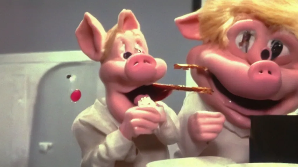 Prompt: found footage of Porky Pig eating glue, hyperrealistic