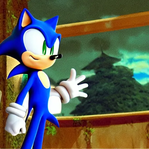 Image similar to film still of sonic the hedgehog giving a sermon. baptist church in rural tennessee background, studio ghibli film