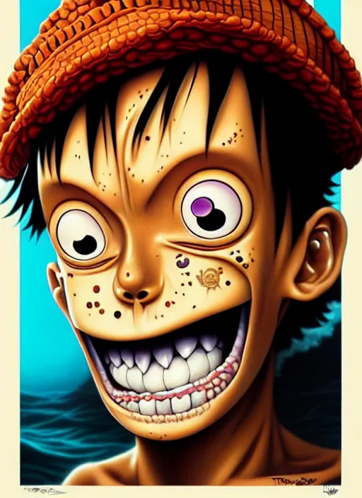 Image similar to lovecraftian portrait of luffy, pixar style, by tristan eaton stanley artgerm and tom bagshaw