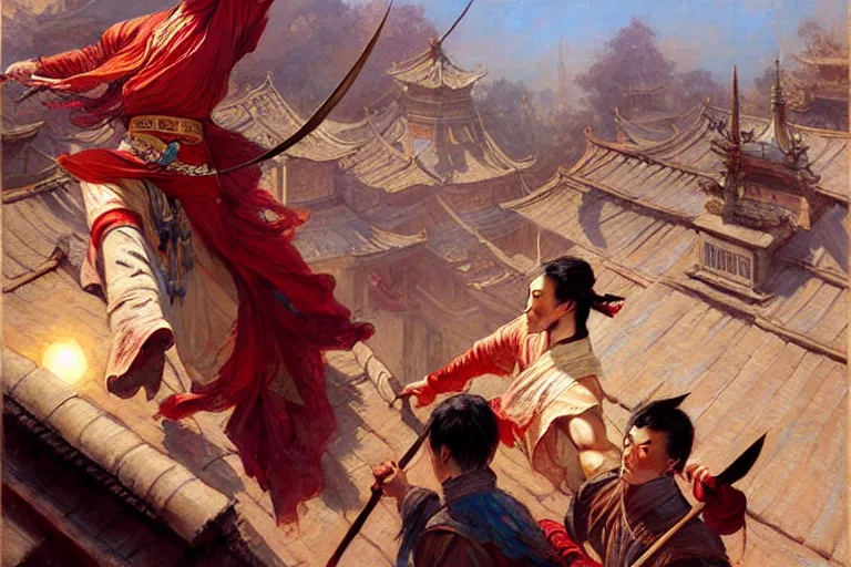 Image similar to wuxia, fight on the roof, painting by gaston bussiere, craig mullins, j. c. leyendecker