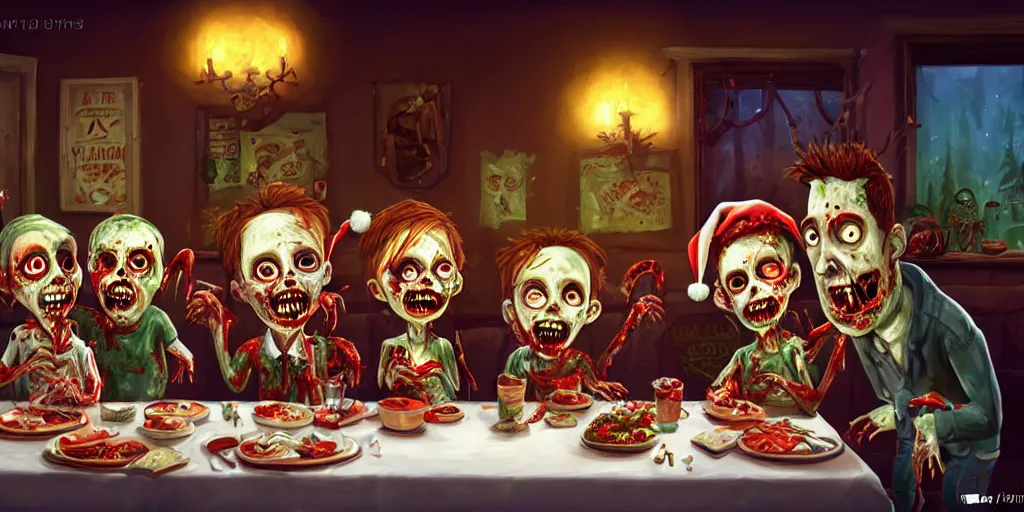 Prompt: a zombie family christmas diner, wide angle, super highly detailed, professional digital painting, artstation, concept art, smooth, sharp focus, no blur, no dof, extreme illustration, unreal engine 5, photorealism, hd quality, 8 k resolution, cinema 4 d, 3 d, beautiful, cinematic, art by tim burton