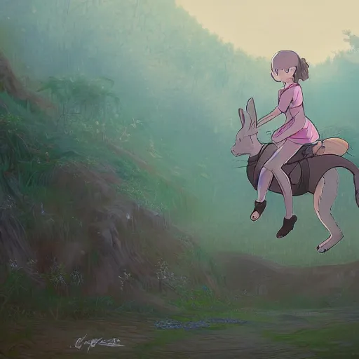 Image similar to a girl riding a giant rabbit. very detailed. digital art. in the style of miyazaki. 4 k. trending on artstation.