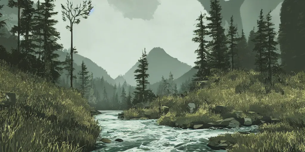 Image similar to A wild river with mountains and forests surrounding it. In the style of game called inside. Detailed