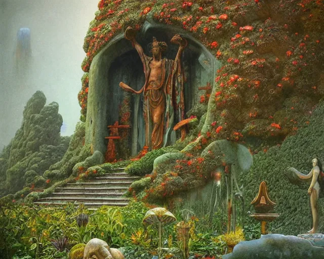 Image similar to a pagan luscious garden with amazing little altar and plants with a gigantic statue of an ancient god stretching its arms above the garden by beksinski, digital art, colorful, artstation, beksinski