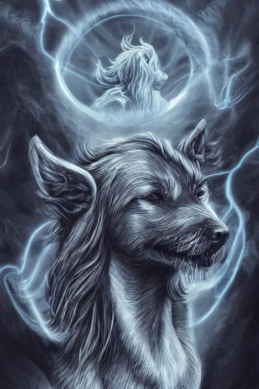 Image similar to Dog as a god with a radiant halo, detailed face, gorgeous, amazing, flowing hair, very muscular male body, partial anatomy, stormy background, caesar victorious, proud Emperor, crepuscular ray, intricate, highly detailed, 8K, digital painting, fantasy, artstation, concept art, sharp focus, over-shoulder shot, illustration, art by greg rutkowski beeple and alphonse mucha, jim burns