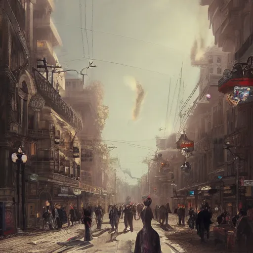 Image similar to street of victorian city, happy, a lot of people, realistic, 8 k, detailed, concept art, trending on artstation