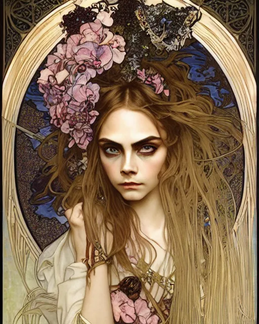 Prompt: detailed portrait of cara delevingne by Alphonse Mucha, Ayami Kojima, Yoshitaka Amano, Charlie Bowater, Karol Bak, Greg Hildebrandt, Jean Delville, and Mark Brooks, Art Nouveau, Pre-Raphaelite, Neo-Gothic, gothic, Art Nouveau, intricate fine details, exquisite, rich deep moody colors, beautiful detailed background