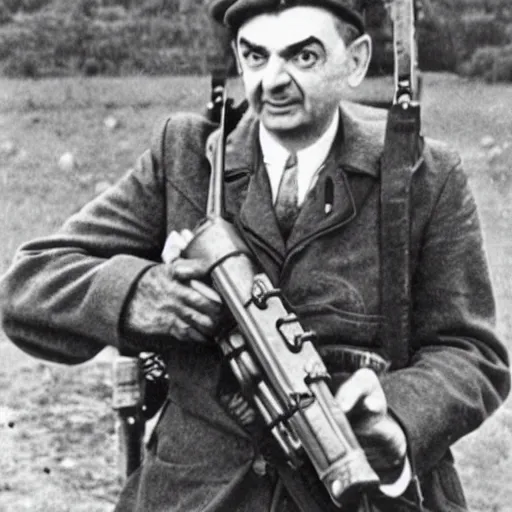 Image similar to old wartime photograph of mr. bean holding a lewis gun, 1 9 1 7