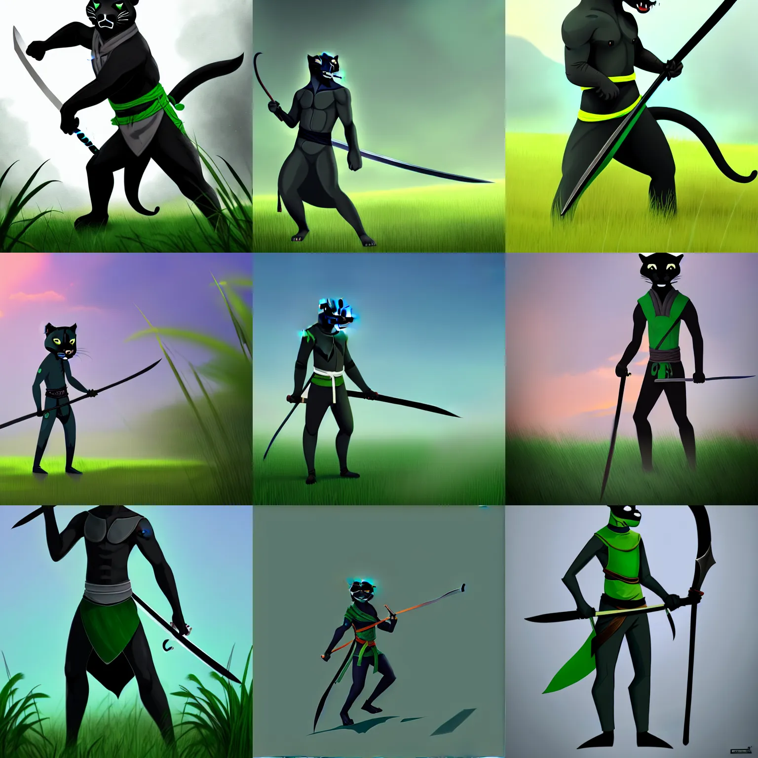 Prompt: male grey anthropomorphic panther human, green and black hair, wielding a katana, wearing ninja clothing, standing in tall grass, at dawn, artstation, fantasy