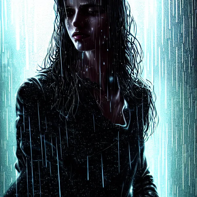 Prompt: bright portrait backlit rain on face and wet hair, cyberpunk, overhead lighting, fantasy, intricate, elegant, dramatic lighting, highly detailed, lifelike, photorealistic, digital painting, artstation, illustration, concept art, smooth, sharp focus, art by John Collier and Albert Aublet and Krenz Cushart and Artem Demura and Alphonse Mucha