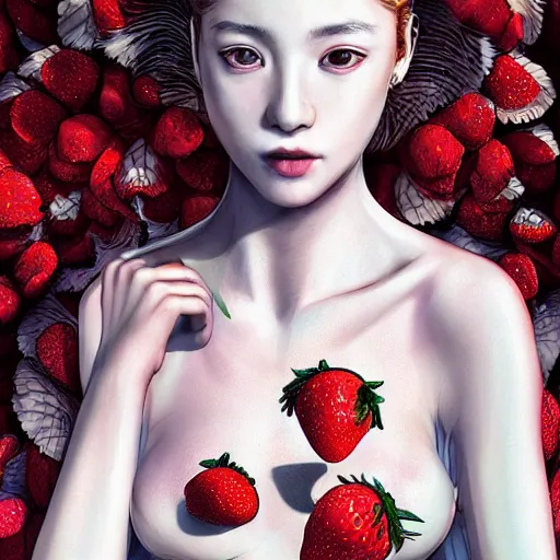 Image similar to the portrait of an absurdly beautiful, graceful, elegant, sophisticated, fashionable young gravure idol made of strawberries and white petals, an ultrafine hyperdetailed illustration by kim jung gi, irakli nadar, intricate linework, bright colors, octopath traveler, final fantasy, unreal engine 5 highly rendered, global illumination, radiant light, detailed and intricate environment