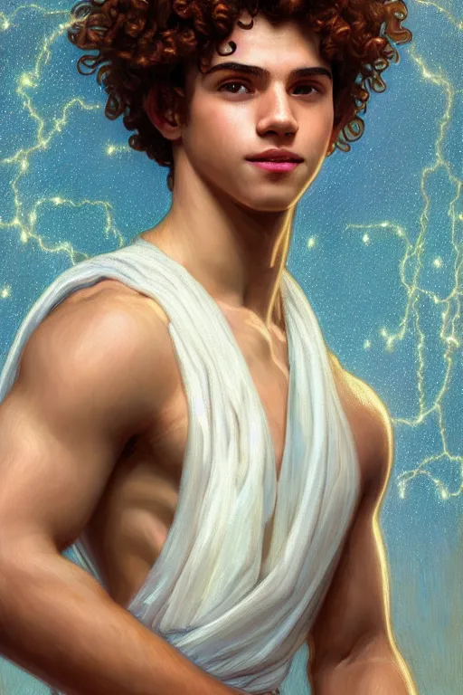 Prompt: portrait of teenage zeus, greek, short curly copper hair, smiling mischievously, wearing a white sash, olive tree, intricate, elegant, lightning bolt, glowing lights, highly detailed, digital painting, artstation, concept art, smooth, sharp focus, illustration, art by wlop, mucha, artgerm, and greg rutkowski