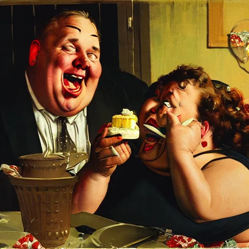 Image similar to a fat man laughs at his wife as she eats a cake in a dark living room, painted by norman rockwell and tom lovell and frank schoonover