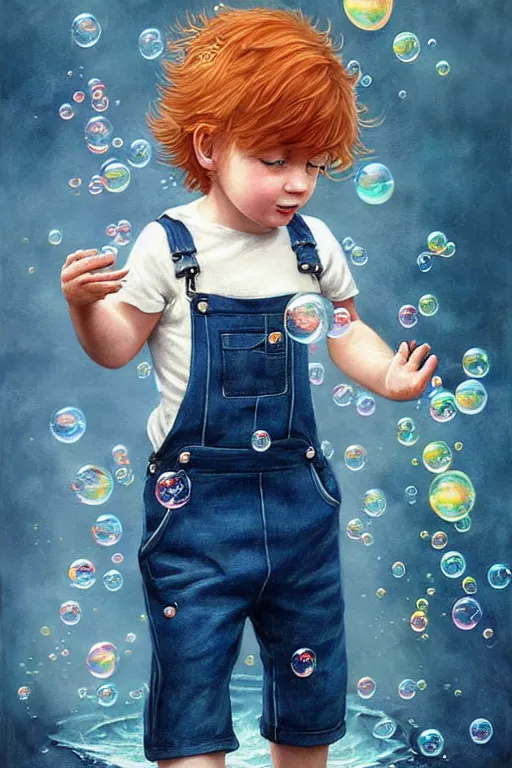 Image similar to a little boy with very short ginger hair wearing denim overalls chasing bubbles. clean elegant painting, beautiful detailed face, lots of bubbles. by artgerm and greg rutkowski