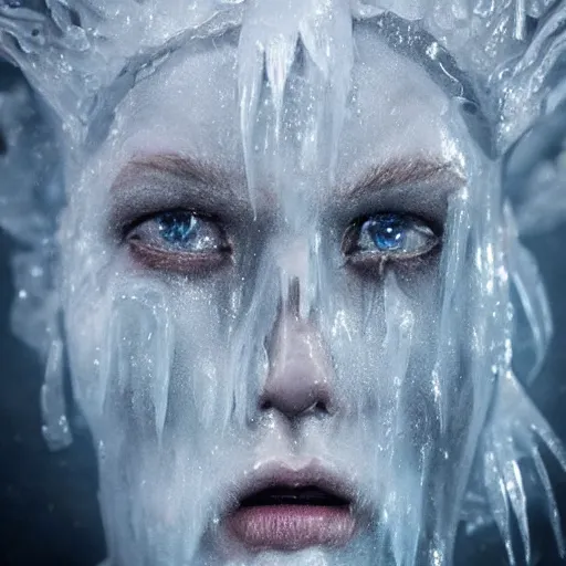 Image similar to a portrait photo of an ice elemental, human features, extremely detailed, beautiful portrait, fantasy art, face mad out of ice, ice person, photorealistic