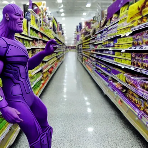 Prompt: thanos lookingg for his mom in a walmart, realistic, sharp focus