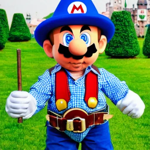 Prompt: a bavarian version of super mario wearing a lederhosen and a green hat and a blue and white checked shirt