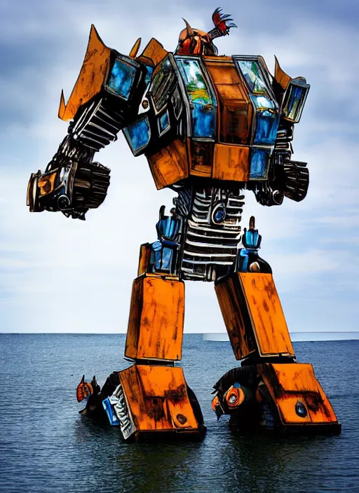 Image similar to A giant bipedal autobot transformer made out of pirate ship, digital art
