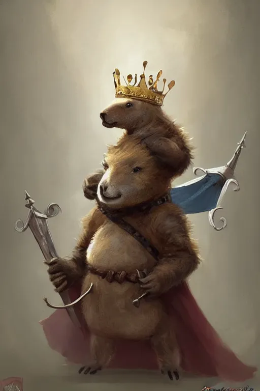 Image similar to cute anthropomorphic Capybara knight wearing a cape and a crown, tiny, small, miniature bear, baby animal, short, pale blue armor, cute and adorable, pretty, beautiful, DnD character art portrait, matte fantasy painting, DeviantArt Artstation, by Jason Felix by Steve Argyle by Tyler Jacobson by Peter Mohrbacher, cinematic lighting