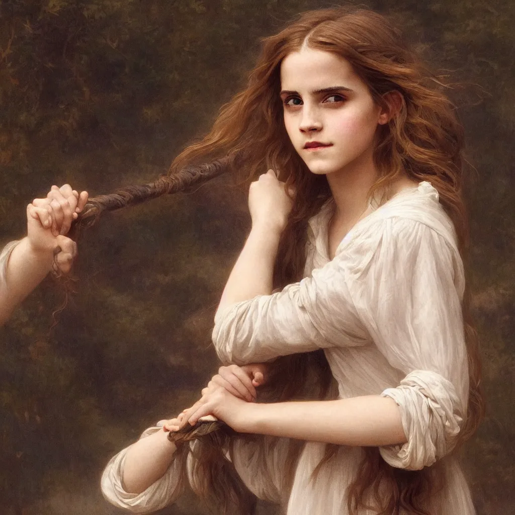 Prompt: Painting of Emma Watson as Hermione Granger. Prisoner of Azkaban. Cheerful. Happy. Art by william adolphe bouguereau. During golden hour. Extremely detailed. Beautiful. 4K. Award winning.