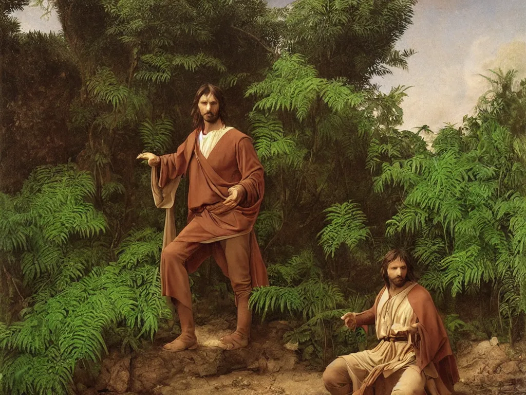 Prompt: portrait of aragorn in a desert oasis, ferns. painting by georges de la tour