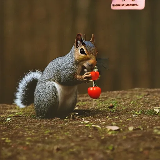 Prompt: a photograph of a Squirrel winces in disgust whilst holding a pepper, portra 800