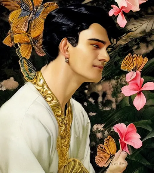 Prompt: harmony of swirly black haired yoongi ( slicked back hairstyle, forehead showing ) wearing white greek clothes, smirking, gold earrings muted colors, colorful flowers, tropical, sunlight filtering through skin, dynamic hair movement, dynamic pose, glowing butterflies, j. c leyendecker, by alan lee, wlop! illustrated by starember, fantasy art by craig mullins