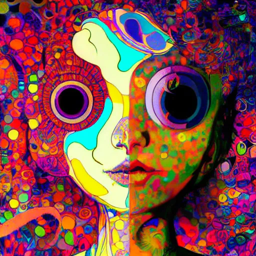 Prompt: a psychedelic portait of a girl by takashi murakami,, beeple and james jean, aya takano color style, 4 k, super detailed, night sky, digital art, digital painting, celestial, majestic, colorful