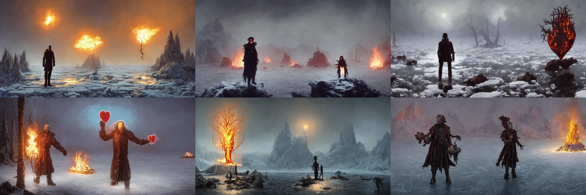 Prompt: An ultrawide shot of a necromancer standing in the center of a surreal icy lake, necromancer is holding a burning anatomical realistic human heart in his hands, heart is on fire with blazing flames by albert bierstadt albert ramon puig Simon Stålenhag greg rutkowski netter, an epic fantasy, dramatic lighting, establishing shot, extremely high detail, photorealistic, cinematic lighting, artstation, horizon forbidden west, award winning, ray tracing rendered in octane 8k 3d light study