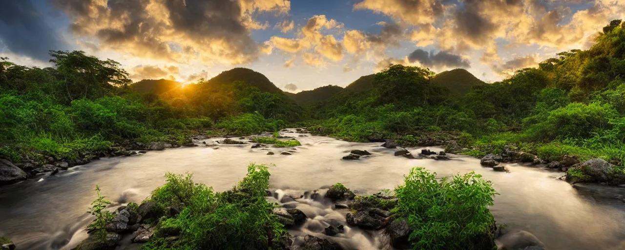 Image similar to River flows through a jungle in the mountains, golden hour, reflections, clouds, flowers, birds, landscape photography, award winning, high detail