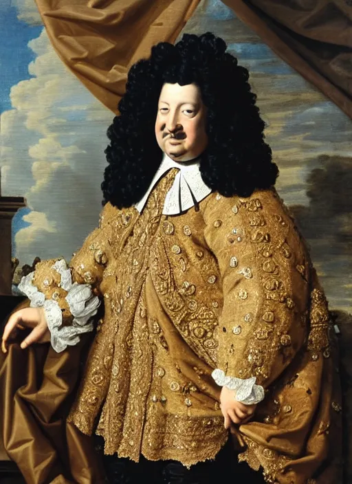 Prompt: portrait of Louis xiv of France in his coronation garb by hyacinths rigaurd