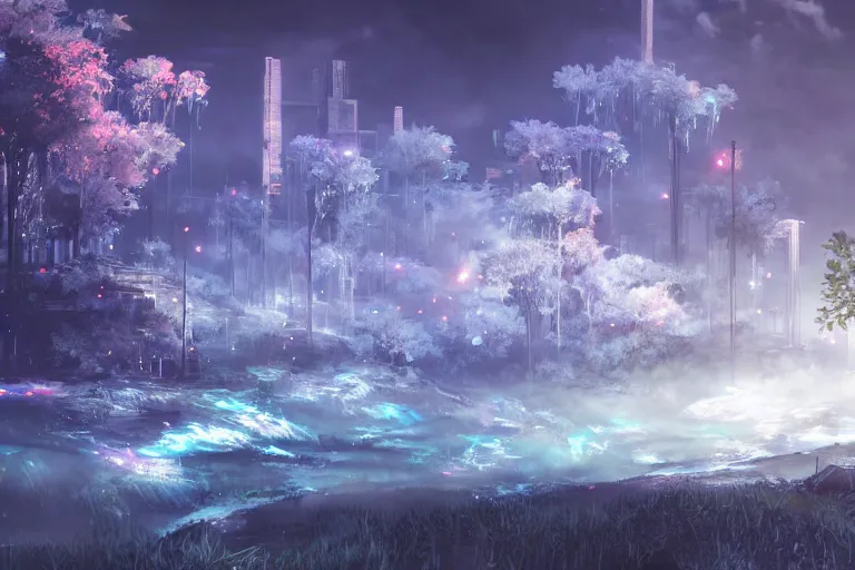 Image similar to scenery artwork, scene beautiful, light essence bioluminescent acrylic and cold nier automata pixiv scenery artwork : nature dream wire vegetation magic density infinite, macro seminal dream points of icy, frozen vaporwave shards tempted to turn into a dream scenery, high quality topical render, nier automata, concept art