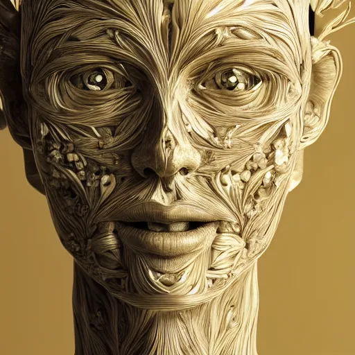 Image similar to beatifull frontal face portrait of a woman, 150 mm, anatomical, flesh, flowers, mandelbrot fractal, facial muscles, veins, arteries, symmetric, intricate, golden ratio, full frame, microscopic, elegant, highly detailed, ornate, ornament, sculpture, elegant , luxury, beautifully lit, ray trace, octane render in the style of peter Gric , alex grey and Romero Ressendi