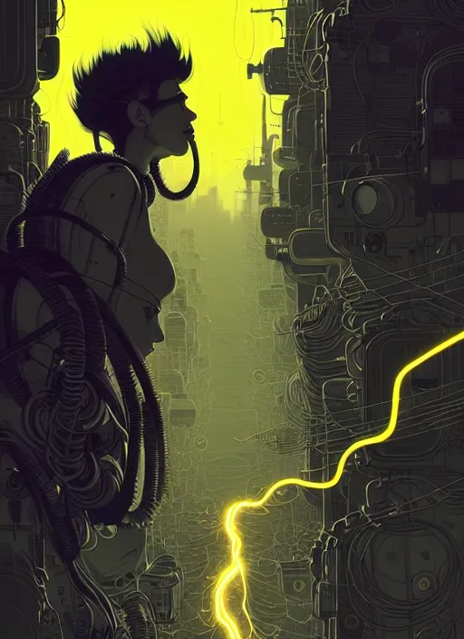 Image similar to highly detailed portrait of wasteland punk long curly bright yellow and white plasma electricity hair tribal lady, stray electric spark wiring by atey ghailan, james gilleard, by joe fenton, by greg rutkowski, by greg tocchini, by kaethe butcher, 4 k resolution, gradient yellow, black and white color scheme!!! ( ( lightning cloudy robotic dystopian city background ) )