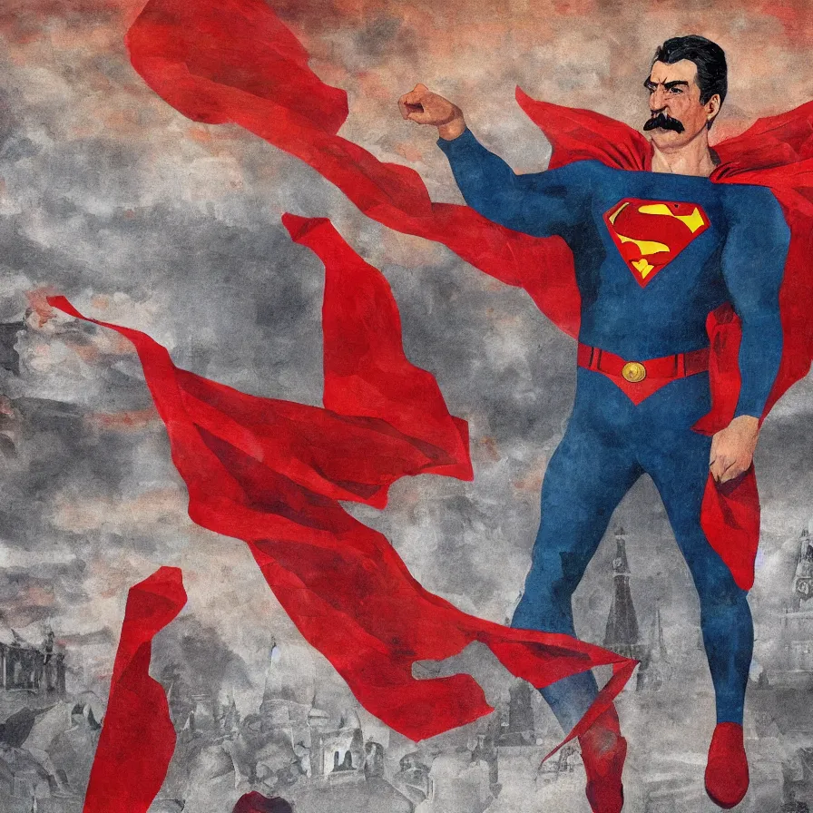 Prompt: stalin as superman red son standing triumphantly in the red square ( moscow ), socialist realism, oil painting masterpiece, photorealistic, detailed picture, intricate digital art, trending artstation, rich moody colors, fan art, concept art, artgem, 8 k ultra high definition