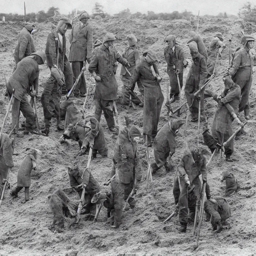 Image similar to a group of badgers in 1 9 4 0 s suits, digging at sutton hoo, standing upright like people, anthropomorphic, style of beatrix potter, rendered as a highly detailed black & white photograph