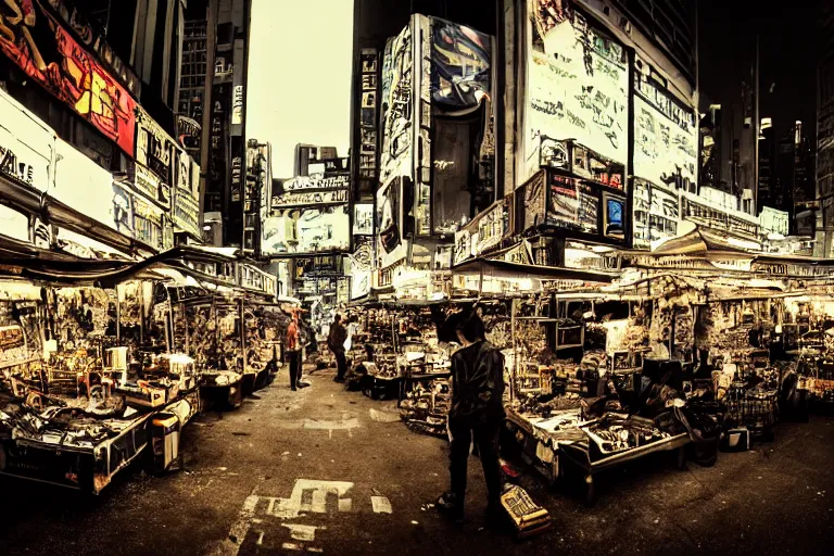 Prompt: an award winning photograph of a cyberpunk market by Liam wong and Lee Friedlander, masterpiece, wide angle, dof