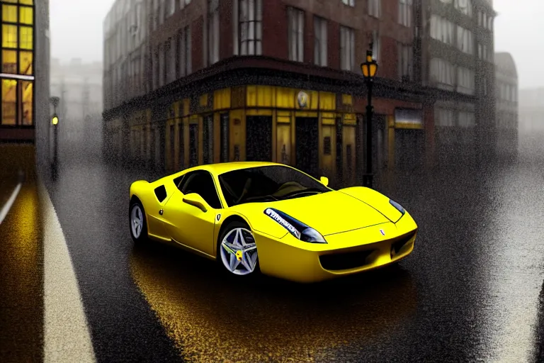 Image similar to a yellow ferrari, dynamic, on a wet london street, raining, clouwdy atmosphere, wide shot, photorealism, some reflexions, canon 5 d, studio ghibli, pixar and disney animation, sharp, very detailed, high resolution, rendered in unreal engine 5, anime key art by greg rutkowski, overcast lighting, dark