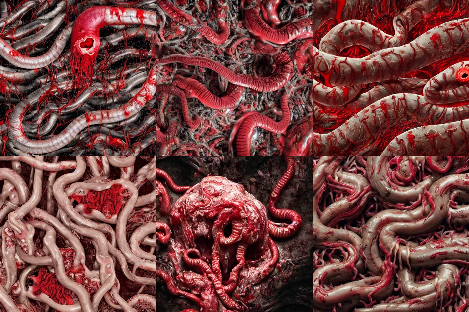 Prompt: a photo of a gory blood-red abomination without shape or form, slimy and reflective, composed of individual animal heads, frightening, twitching and writhing, with intestine-like smooth and shiny worms slithering out of the central mass, body horror with patches of fur and mold, blood oozing from every body crevice, ultra-detailed, ultra-realistic, color