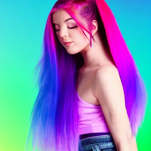 Image similar to a award winning full body shot of a beautiful woman in a croptop with a ombre purple pink teal hairstyle with head in motion and hair flying, outrun, vaporware, vivid colors, highly detailed, fine detail, intricate