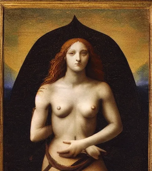 Image similar to godess of the night nyx in her primordial form in a shadwy position drawn in a painting style by leonardo da vinci, high quality, mystical