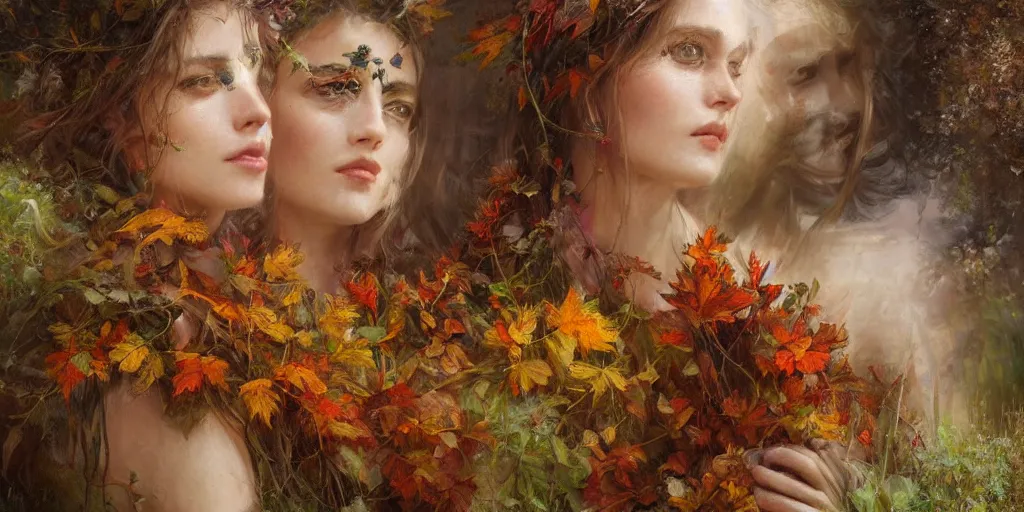 Prompt: breathtaking detailed concept art painting blend of two goddess of autumn by volegov with anxious piercing eyes, vintage illustration pattern with bizarre compositions blend of plants and stems and leaves by john howe, exquisite detail, extremely moody lighting, 8 k