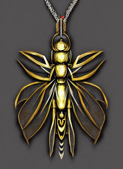 Prompt: rough concept art of small insect pendant, fantasy illustration, medieval era, trending on artstation, symmetry