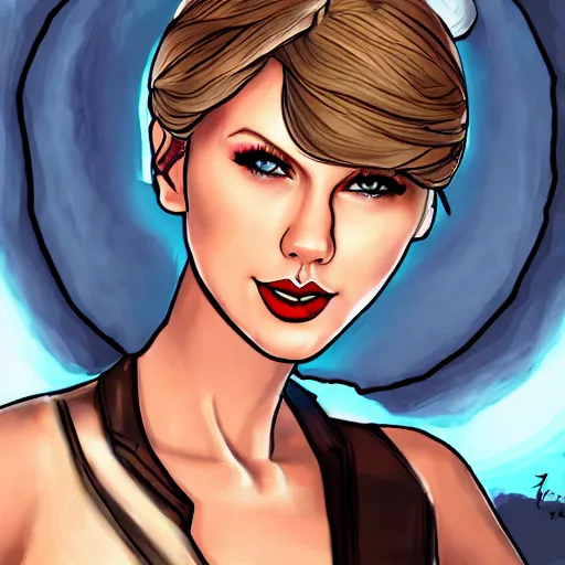 Image similar to taylor swift portrait, borderlands, tales from the borderlands, the wolf among us, comic, cinematic lighting, studio quality, 8 k